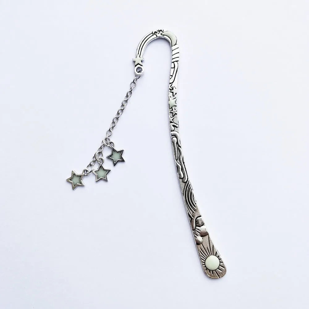 Retro celestial metal bookmark with glow-in-the-dark five-pointed star and sun moon stars design