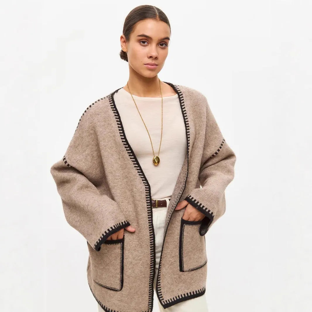 Loose lace-up knitted cardigan sweater coat in thick imitation cashmere fabric