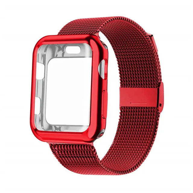 Silver magnetic Milanese metal band for Apple Watch on a wrist, showing the clasp.
