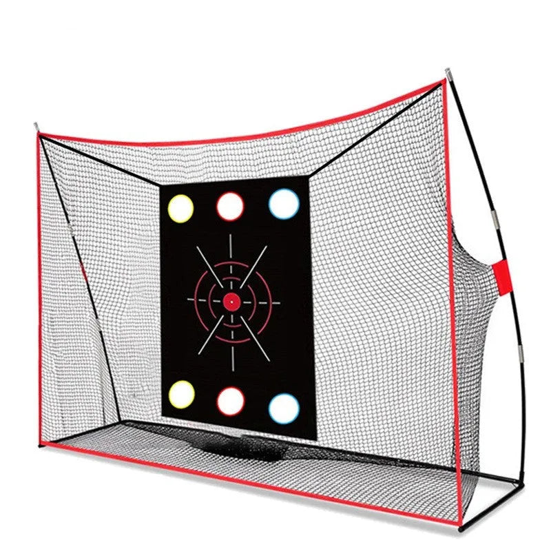 Golf wedge training set showing 3-hole cross net, straw practice mat, practice tees, and red and white golf balls