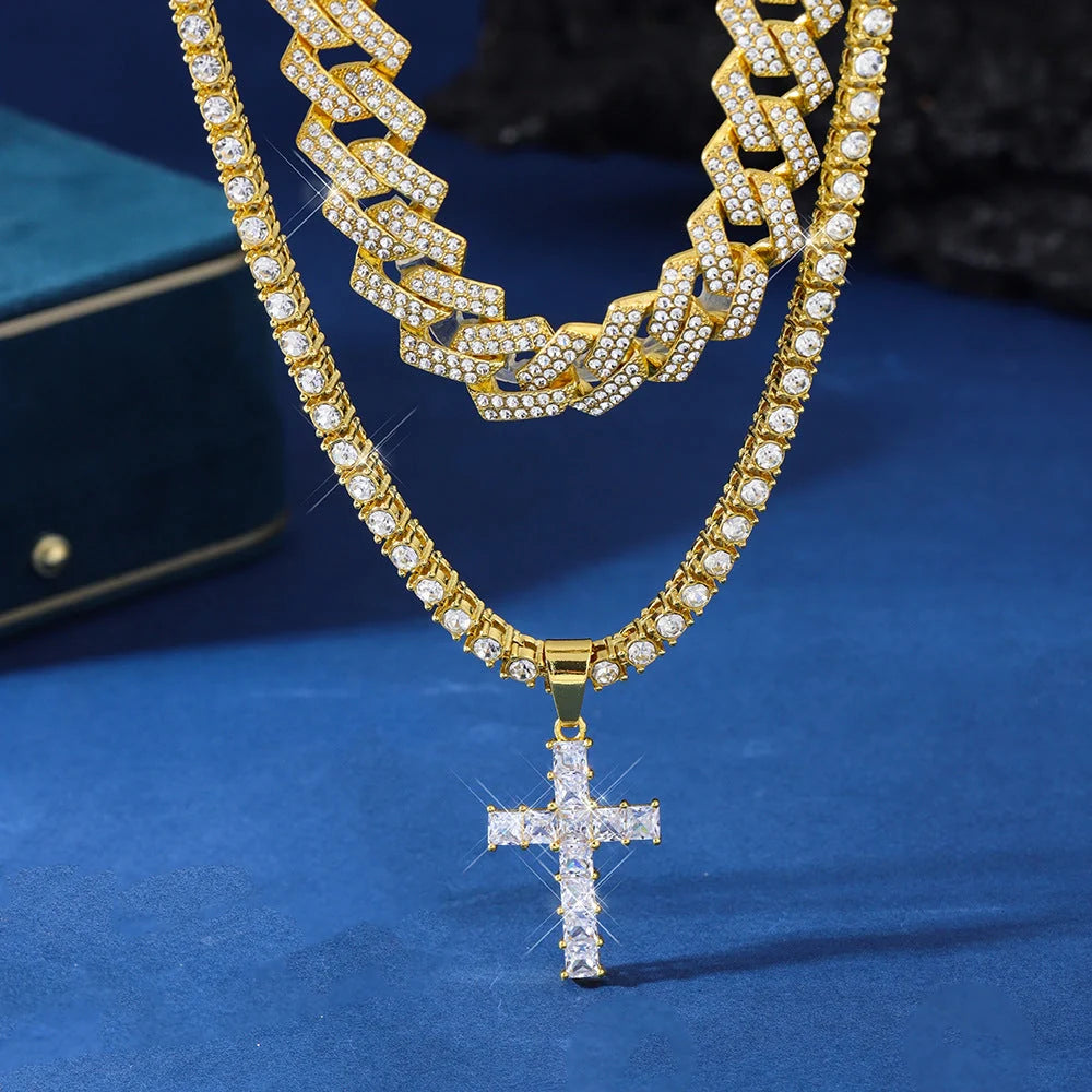 Zircon cross pendant necklace with Miami curb Cuban chain in gold and silver