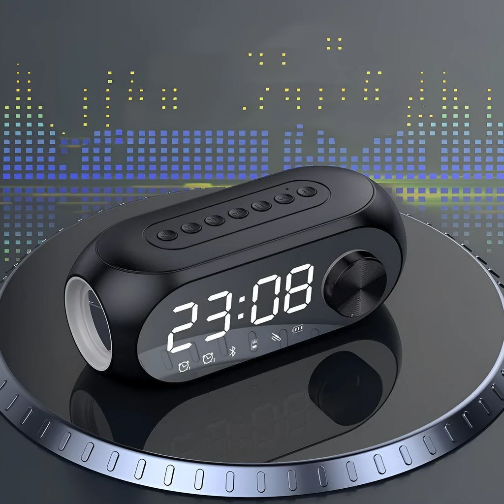 USB portable mini clock with extra bass speaker in S8 Black, White, and Blue colour options