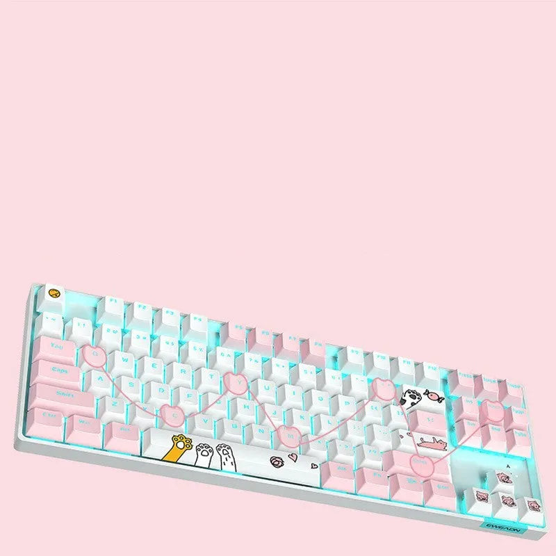 TK916 87-key green shaft RGB mechanical keyboard with metal panel and USB cable, white and pink colour