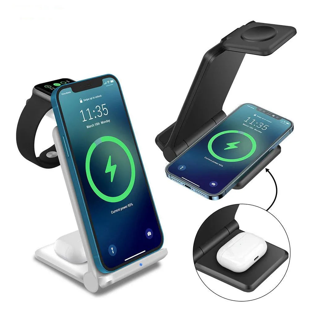 Black and white 3-in-1 foldable wireless charging station dock for iPhone, Samsung phone, AirPods and Apple Watch.