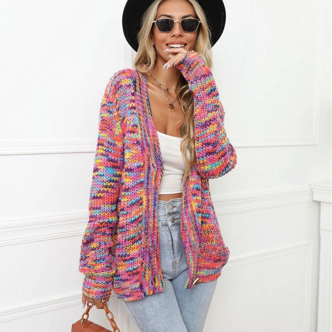 Rose red rainbow mixed colour festival cardigan knitted coat with loose street fashion fit