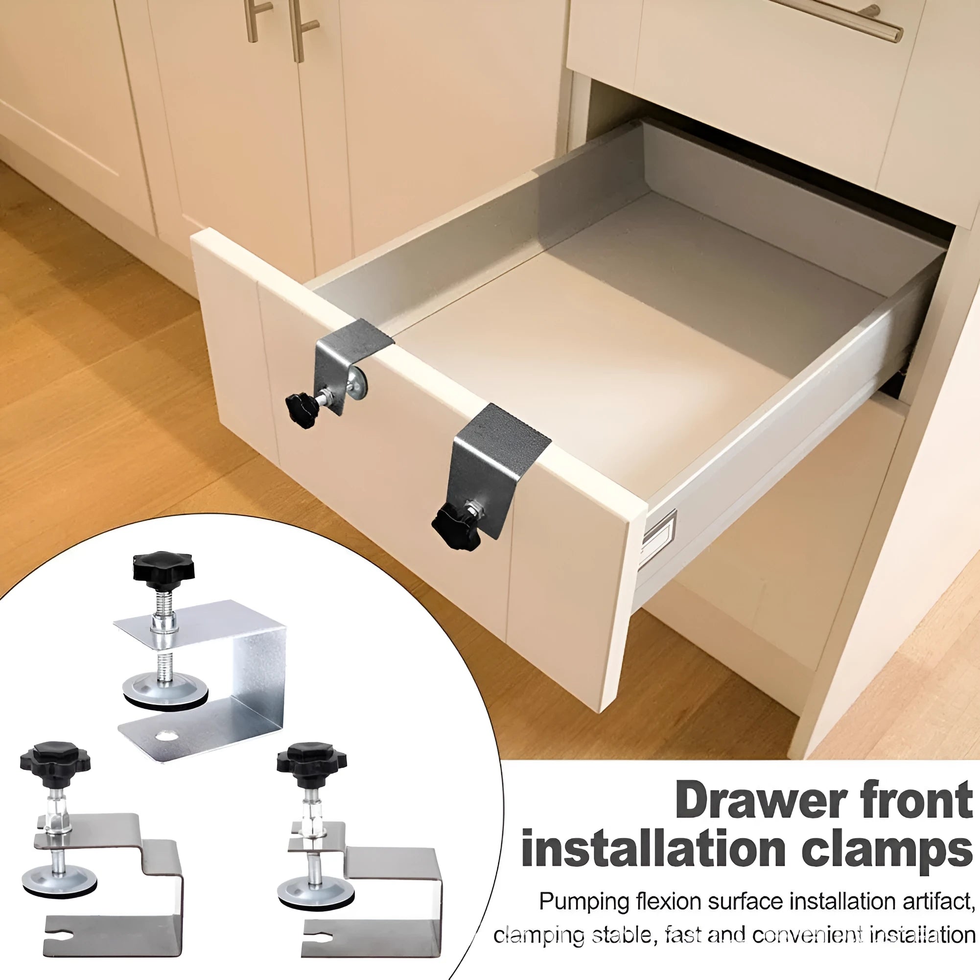 Drawer panel fixing clip hardware for furniture assembly in stainless steel or galvanised sheet