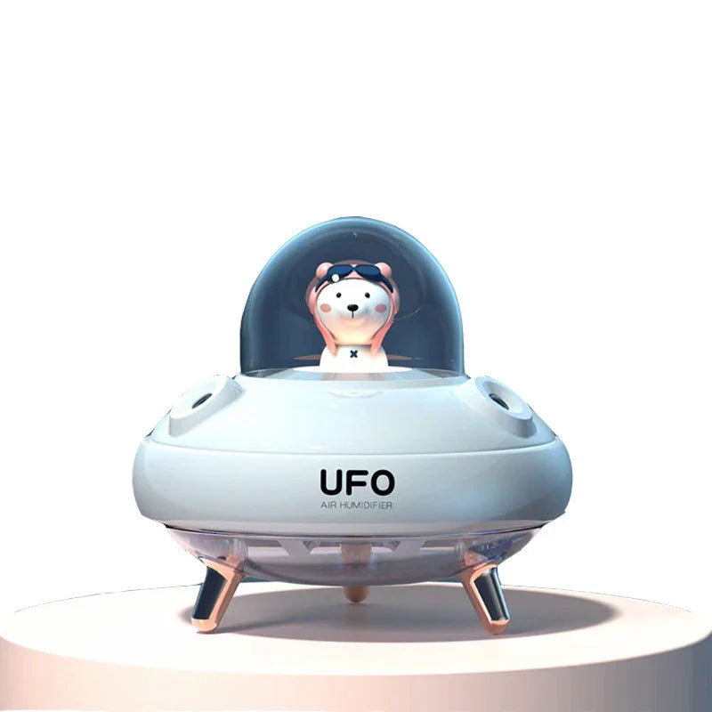 Wireless UFO-shaped air humidifier with dual nozzles and cute cartoon bear design, perfect for adding moisture and style to any Kiwi home