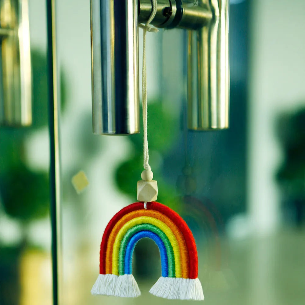 Vintage bohemian handwoven rainbow car pendant with tassel in blue, pink, grey, or red