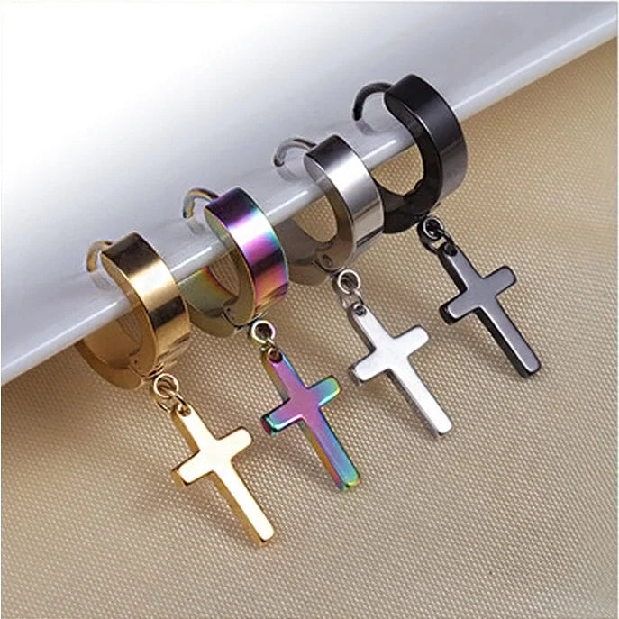 Men's stainless steel cross earrings with titanium coating in six colours