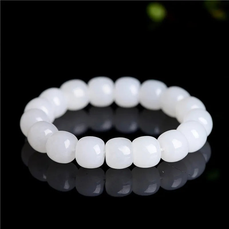 White jade barrel bead bracelet with traditional Hetian jade beads in three size options