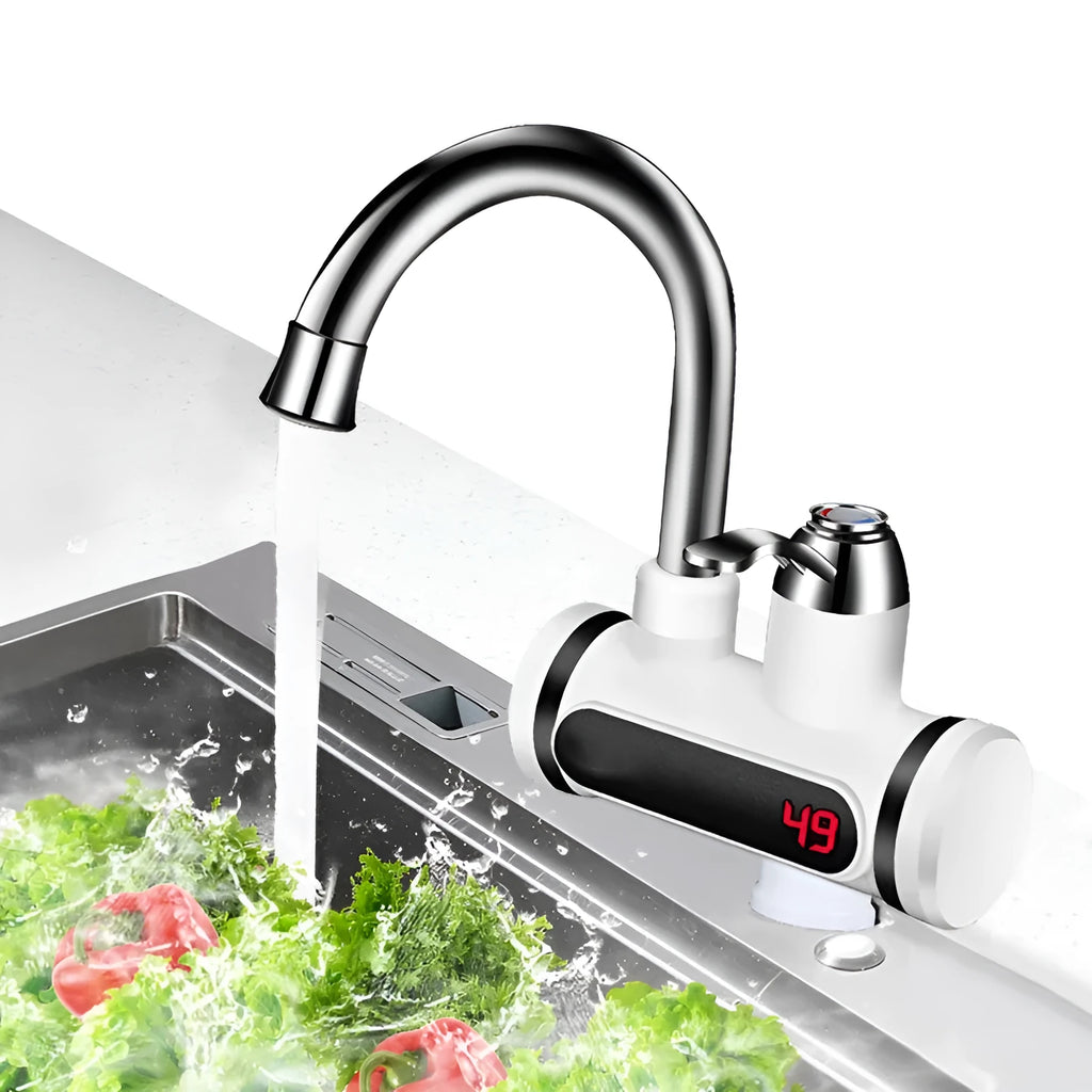White electric water heater tap with digital temperature display and 3000W fast heating capability
