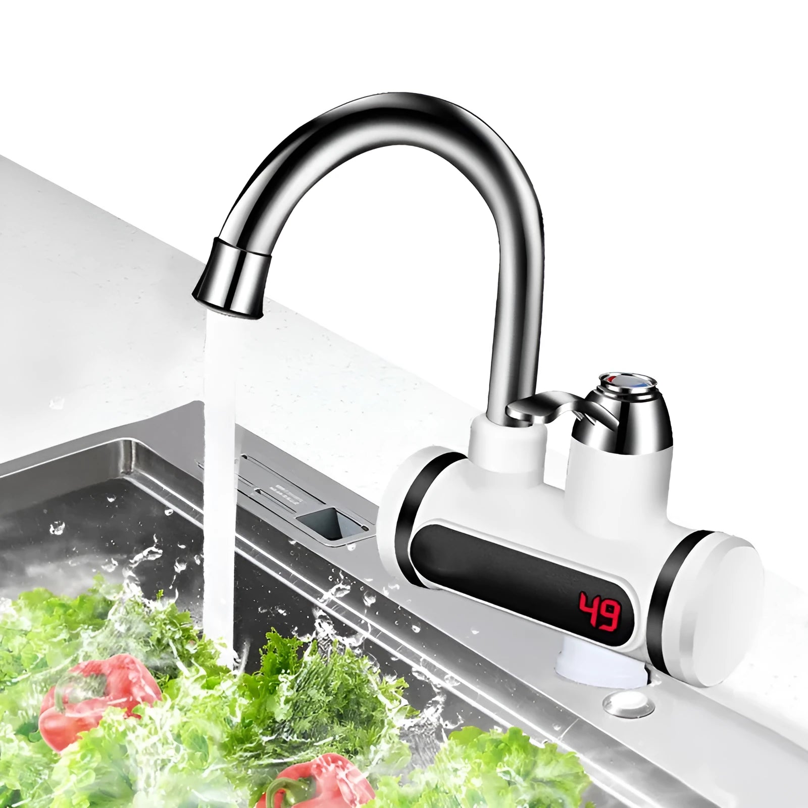 White electric water heater tap with digital temperature display and 3000W fast heating capability