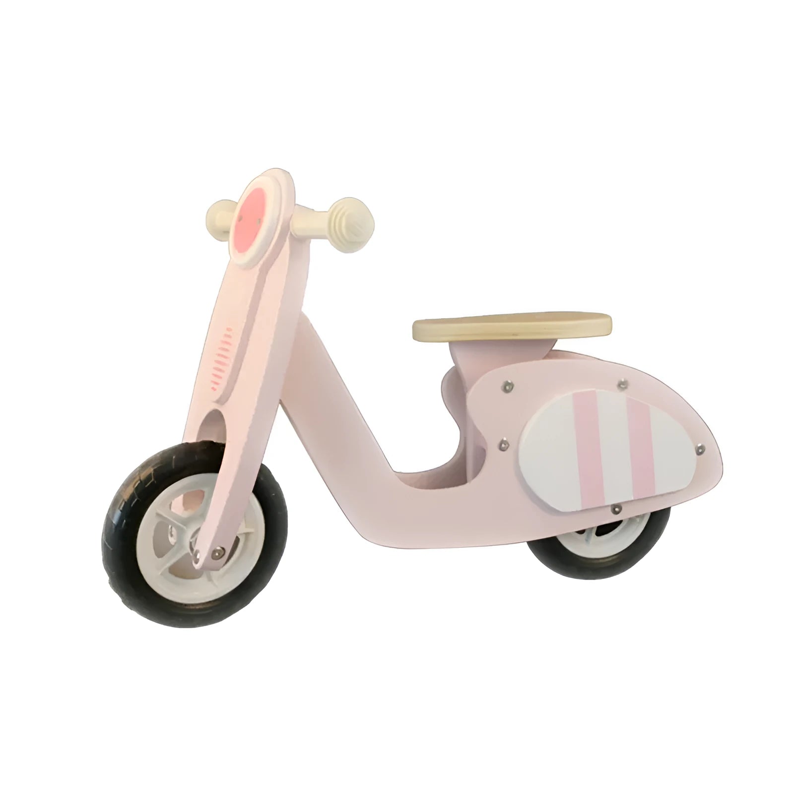 Pink wooden balance scooter for toddlers on a 10-inch wooden deck.