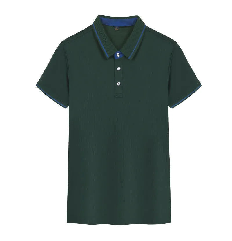Korean style asymmetric work polo shirt in a solid colour on a hanger, showing loose fit and short sleeves.