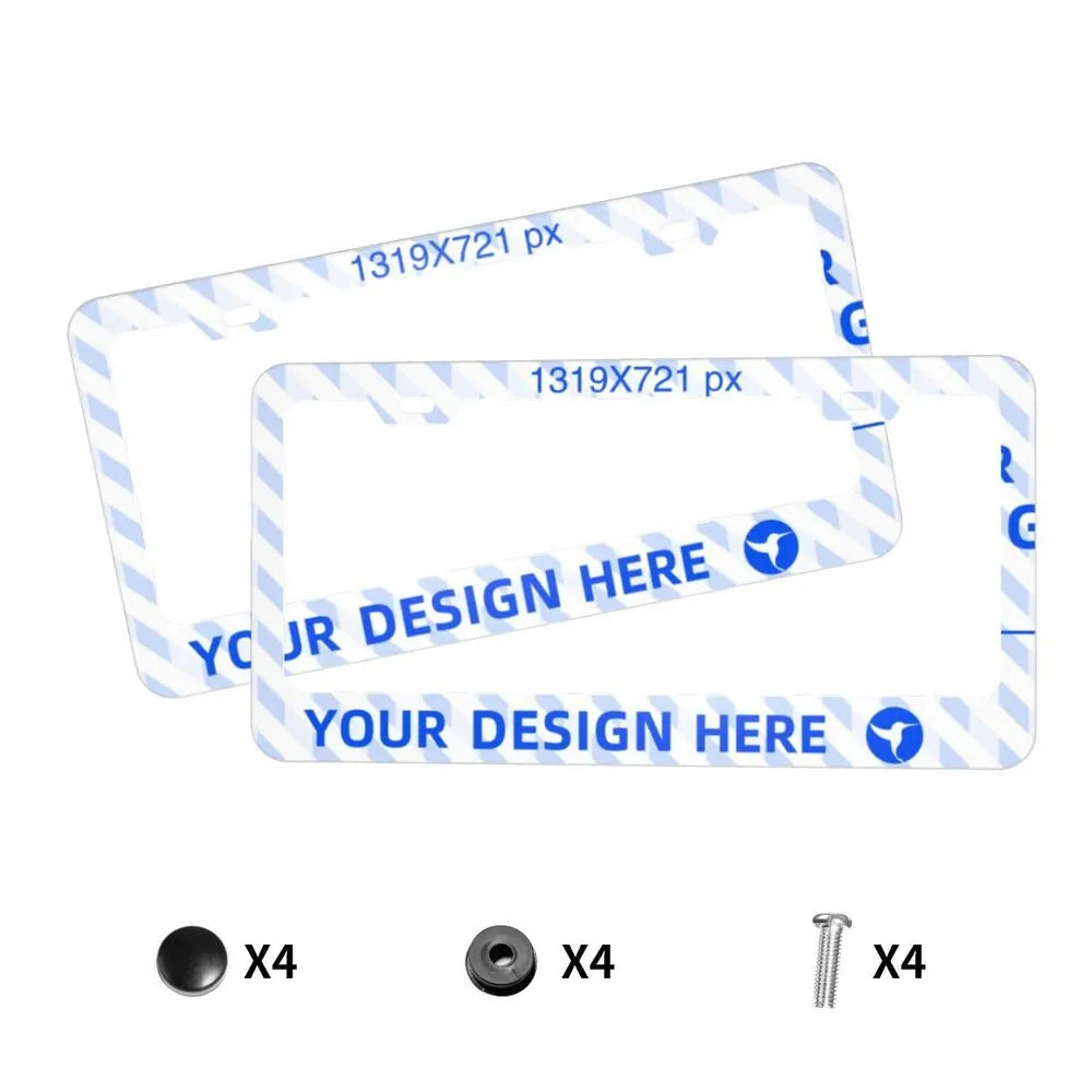 Pair of flat-hole aluminium license plate holders for front and rear car plates, customisable with printed design