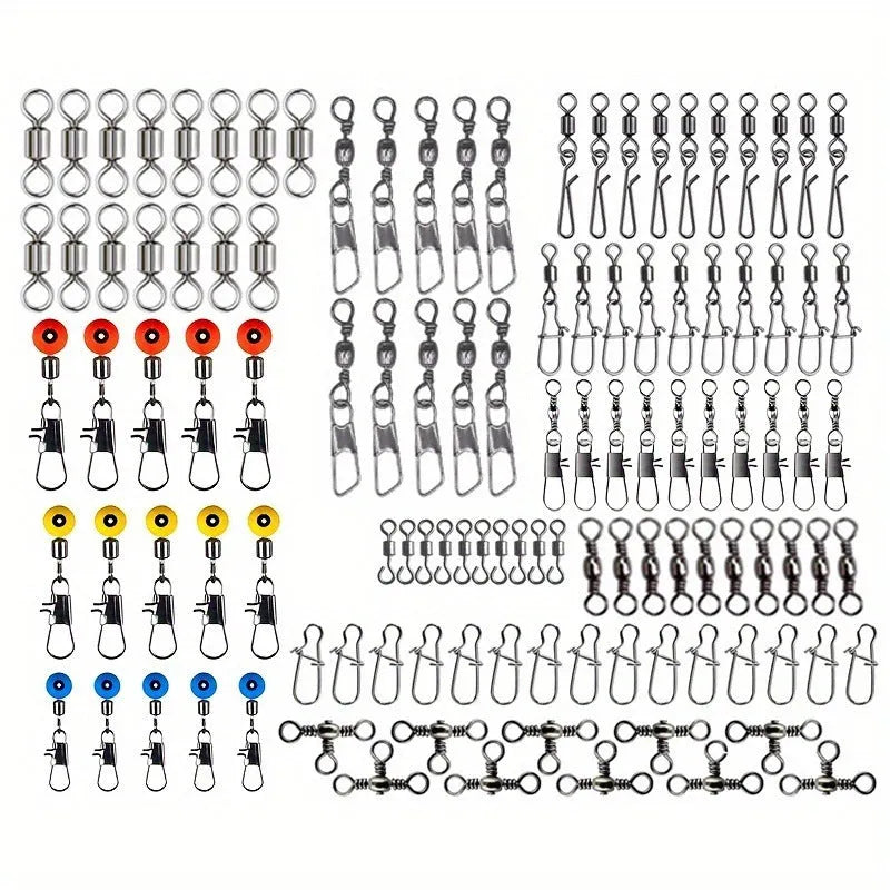 Boxed set of 115 fishing connector swivels with rotating sea bean design in plastic and stainless steel
