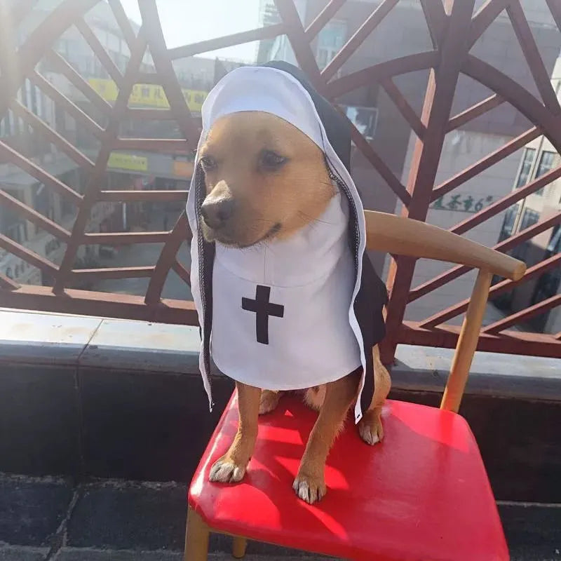 Black and white nun costume for small medium dog with polyester cloak and pullover design