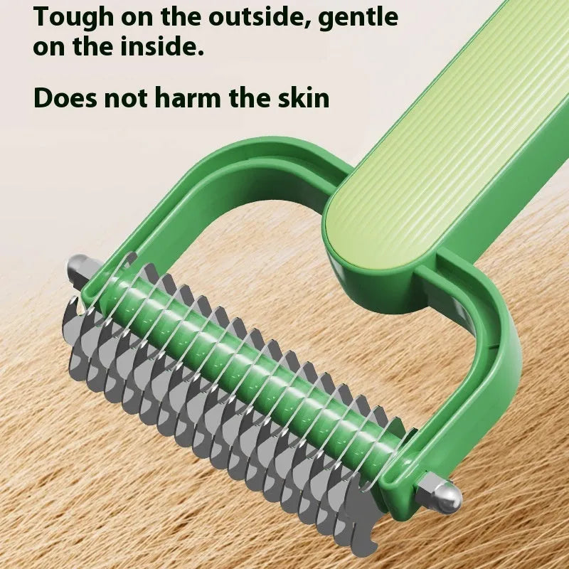 Green and grey dog detangling comb with stainless steel teeth on a polypropylene handle.