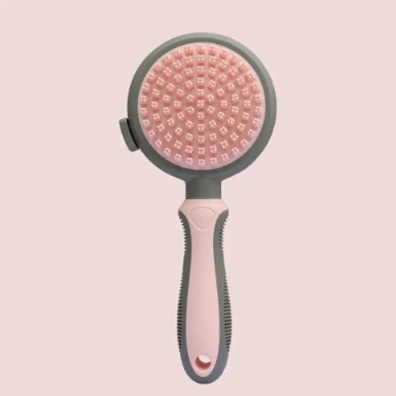 Green two-sided pet grooming brush showing slicker brush and silicone massager sides with anti-slip handle