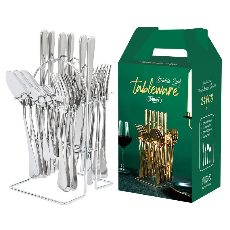 24-piece stainless steel cutlery set with storage rack in gold finish showing knives, forks, spoons