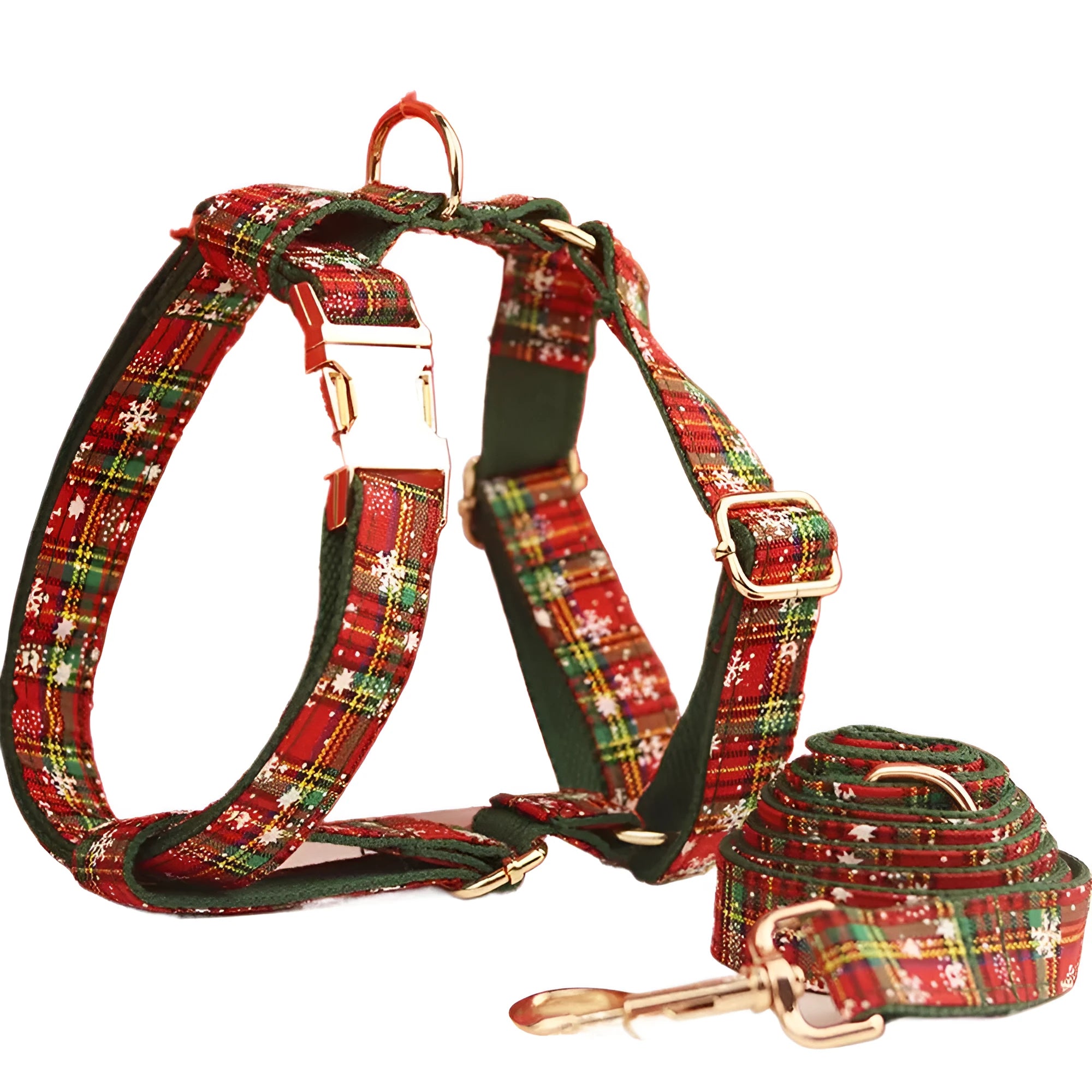 Green snowflake Christmas dog collar set with matching leash, bow tie, and dog vest for holiday pet outfits