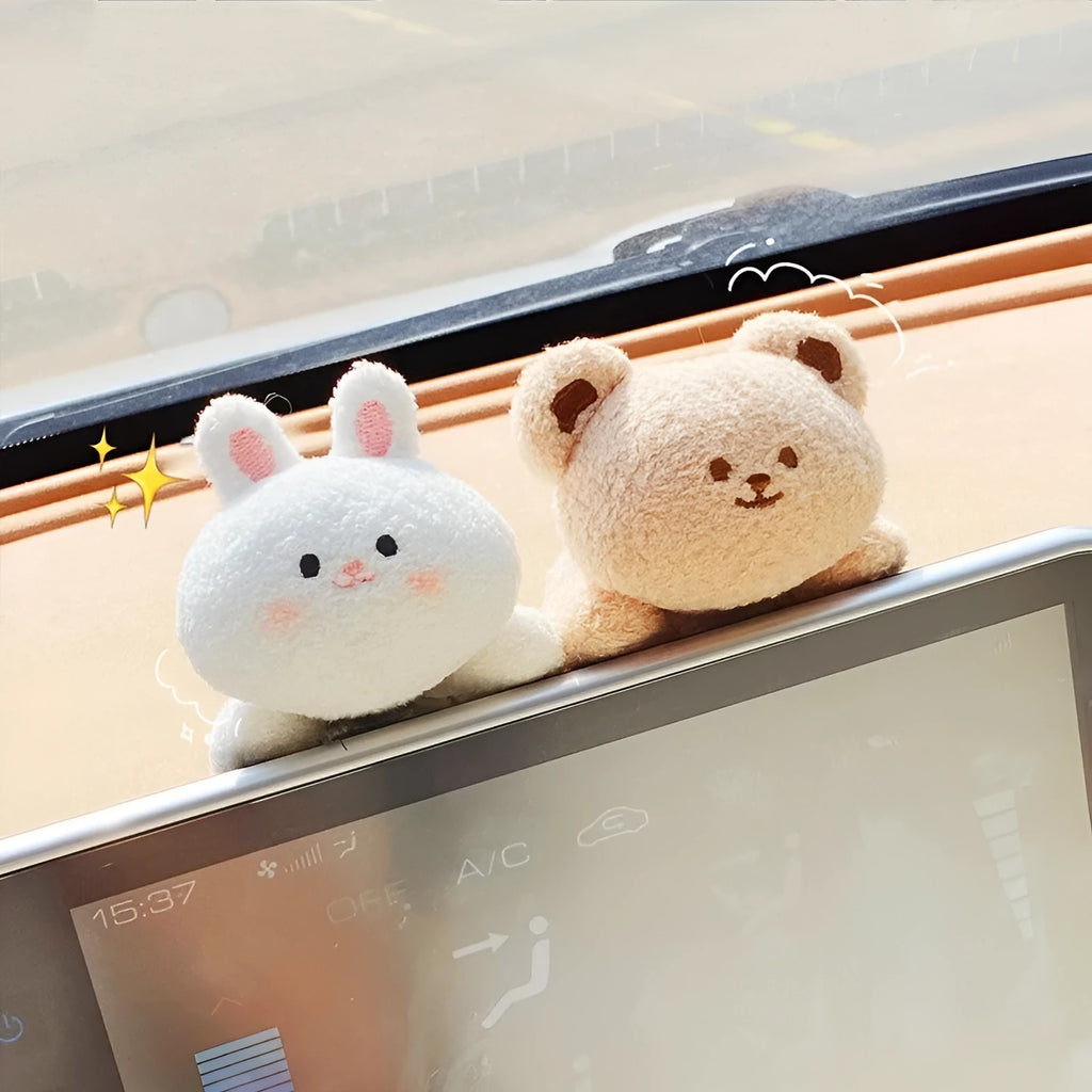 Fabric plush doll car centre console decoration in bear or rabbit cartoon designs