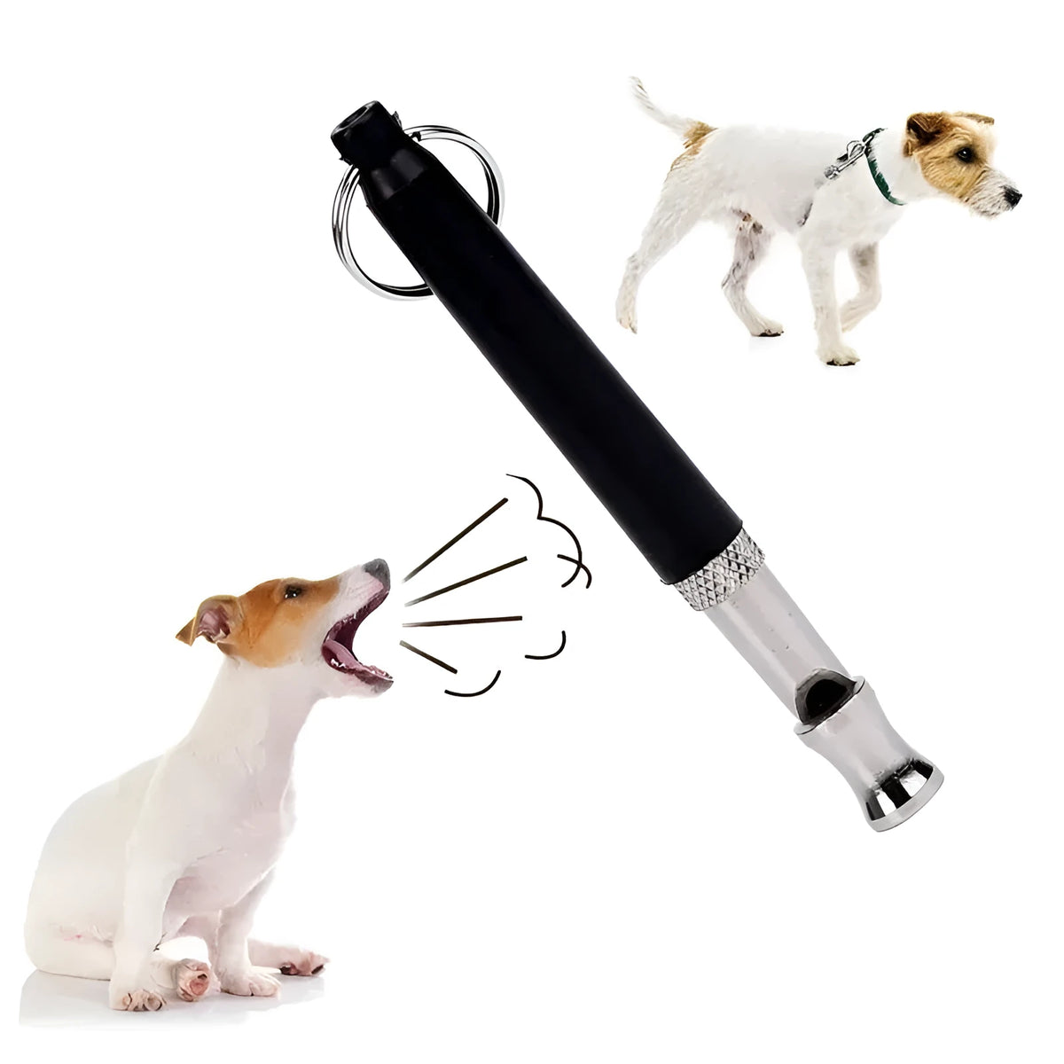 Copper ultrasonic dog training whistle with keychain ring and folding cord on white background