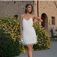 Women's beige tassel sequins feather mini dress, V-neck A-line in lace, 85cm length for summer evenings