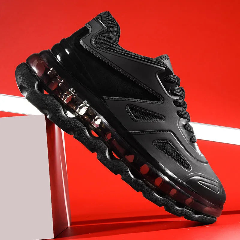 Men's white PU air cushion sports shoes with full palm cushion and lace-up closure