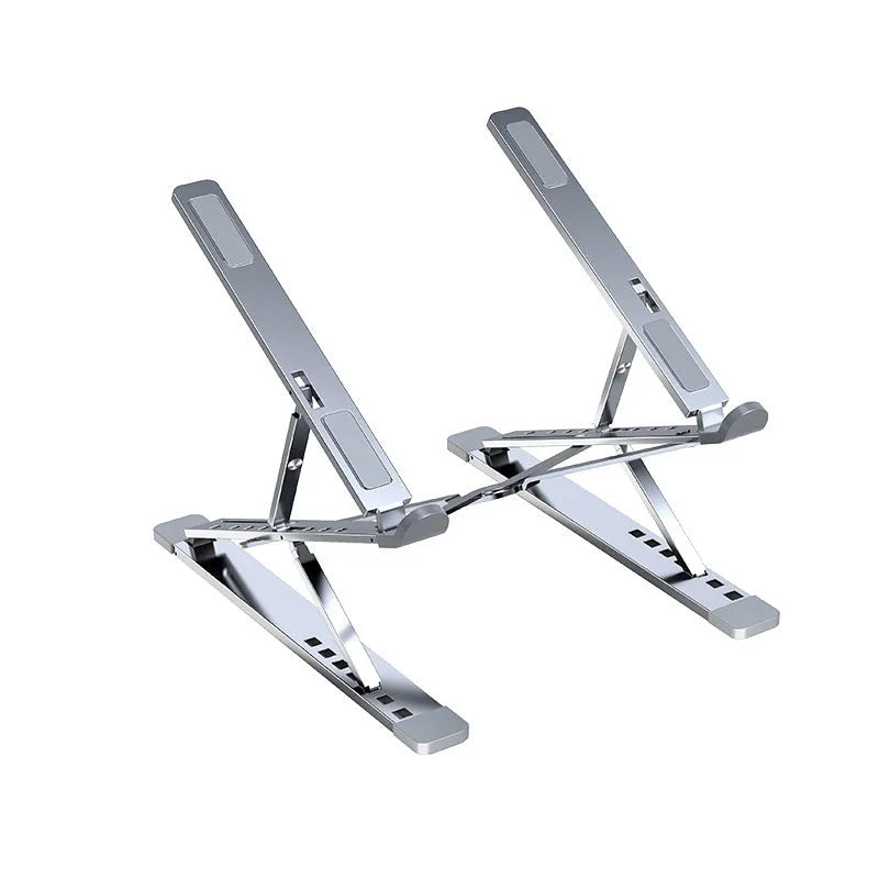 Folding aluminium alloy computer stand bracket in silver with silicone pads, 80 kg static load capacity