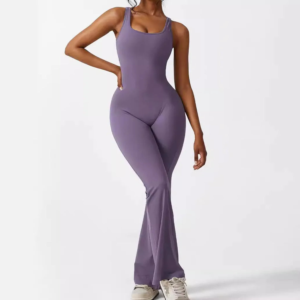 Women's sleeveless flare jumpsuit fitness yoga pants in high elasticity polyester fabric
