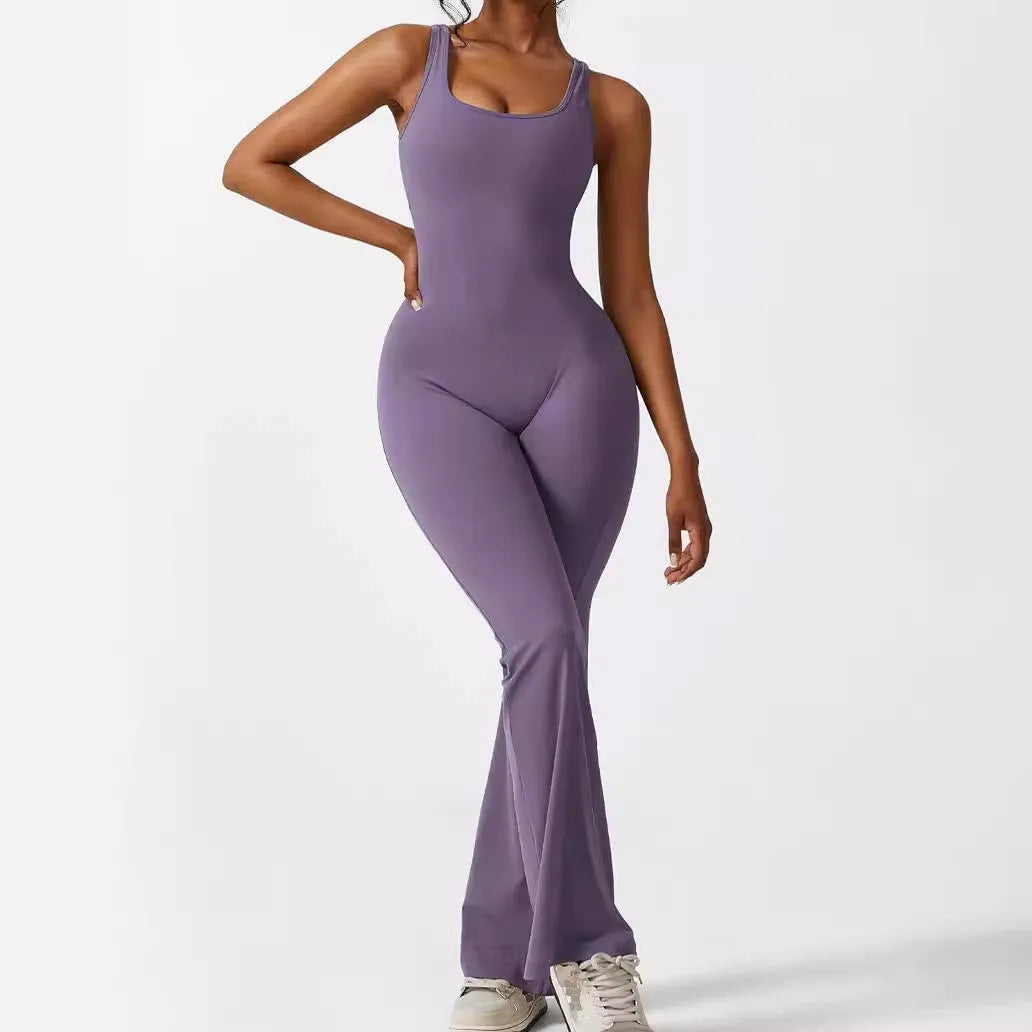 Women's sleeveless flare jumpsuit fitness yoga pants in high elasticity polyester fabric