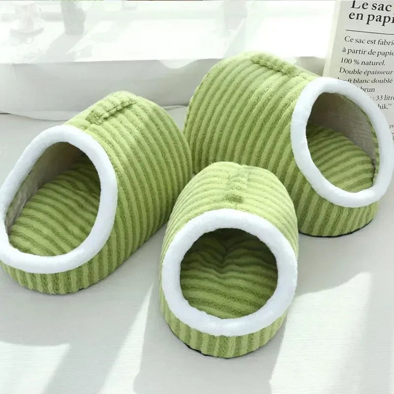 Thickened 3D plush dog cat bed with removable sponge in striped blue green pink yellow colours