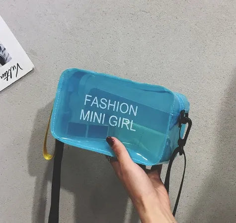Transparent square jelly cross-body shoulder bag with adjustable strap in multiple colour options.