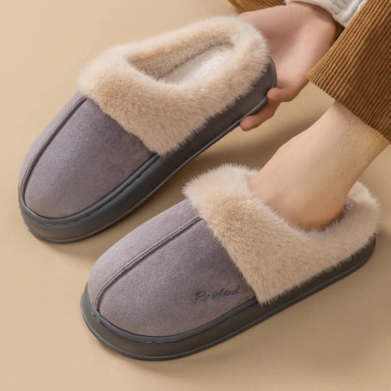 Winter fluffy slippers with non-slip soles in pink, khaki, white, and grey