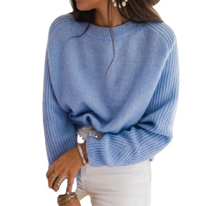 Milk blue Bedford cord sweater with round collar and long sleeves, perfect for casual wear.