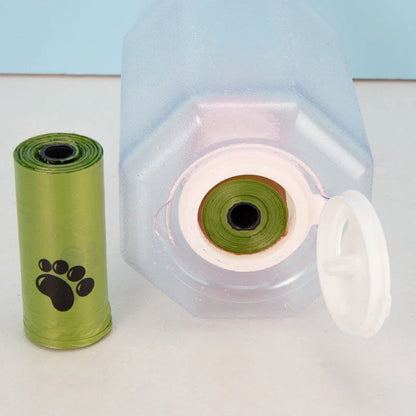 3-in-1 multifunctional pet water bottle with food feeder and waste bag dispenser in various color options