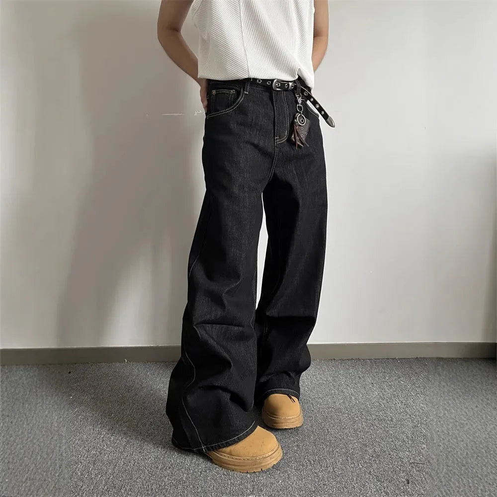 Black retro wide-leg jeans with straight-leg design and zip fly opening