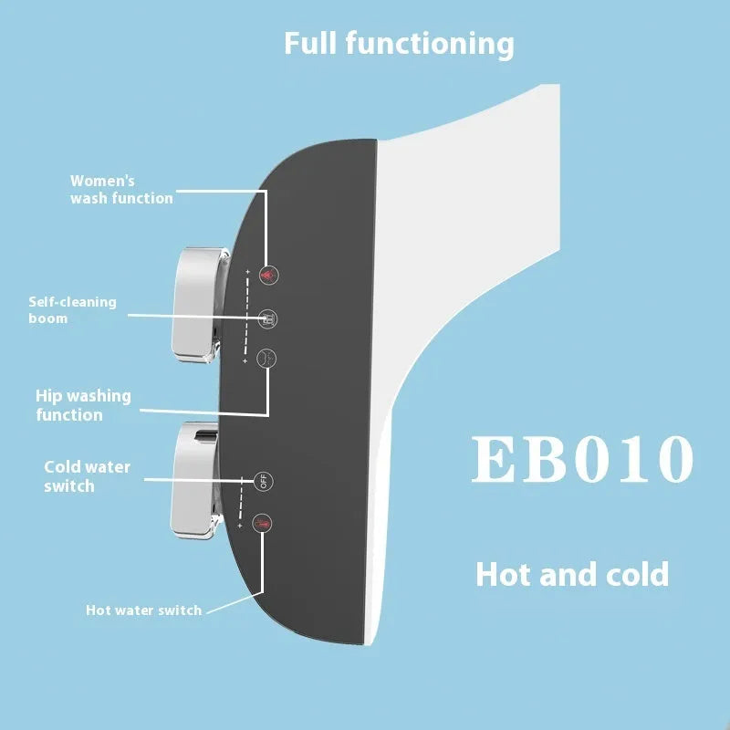 Smart power-free toilet seat cover body cleaner in white ABS plastic with hip wash and pressure adjustment