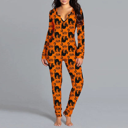 Stylish Halloween-themed pajama jumpsuit with long sleeves and a variety of vibrant prints