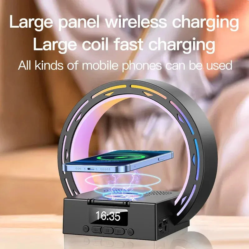 White multifunction bedside unit with wireless charging pad, Bluetooth speaker, digital clock display, and adjustable lighting