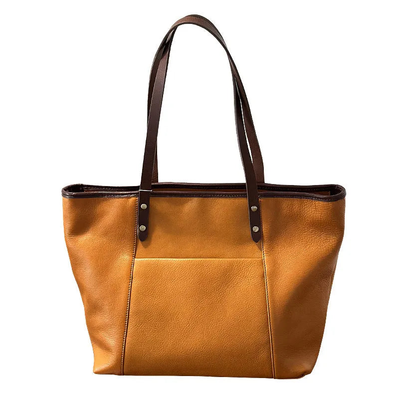 Horizontal square first-layer cowhide leather single-shoulder bag in brown with sewing thread detail and multiple pockets