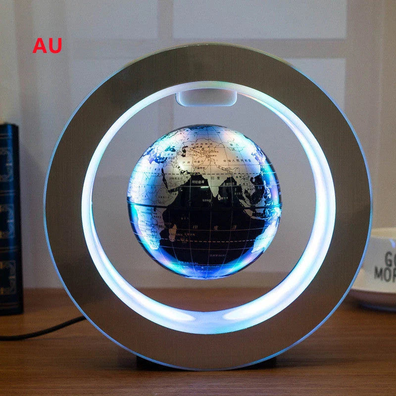 Round LED World Map Floating Globe hovering above base with magnetic levitation