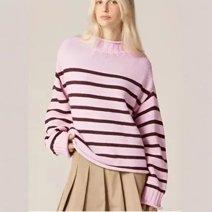 Pink stripe warm knitted pullover with round neck and long sleeves in loose fit chenille spandex blend