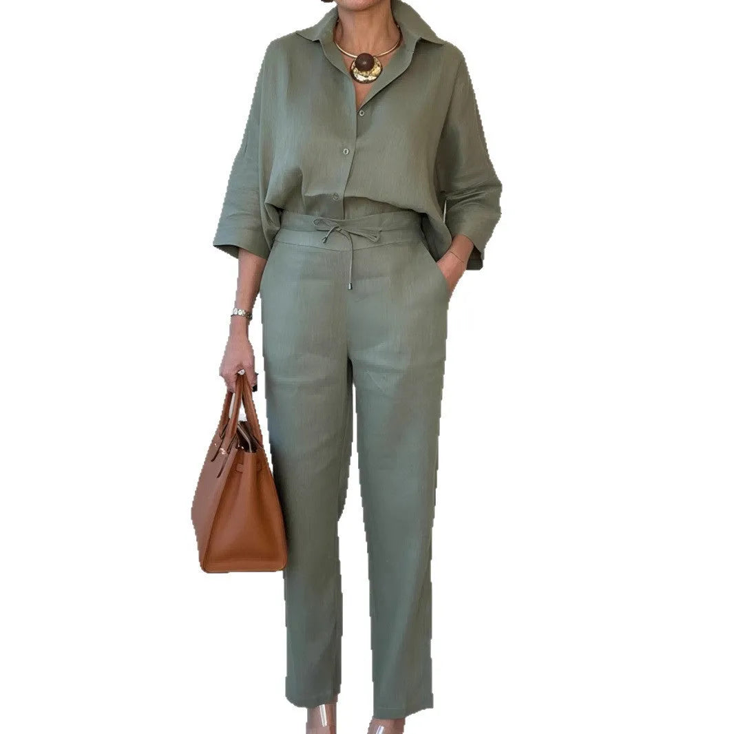 Women's solid colour polo collar two-piece shirt and pants set in army green, nine-quarter sleeves, stitching detail