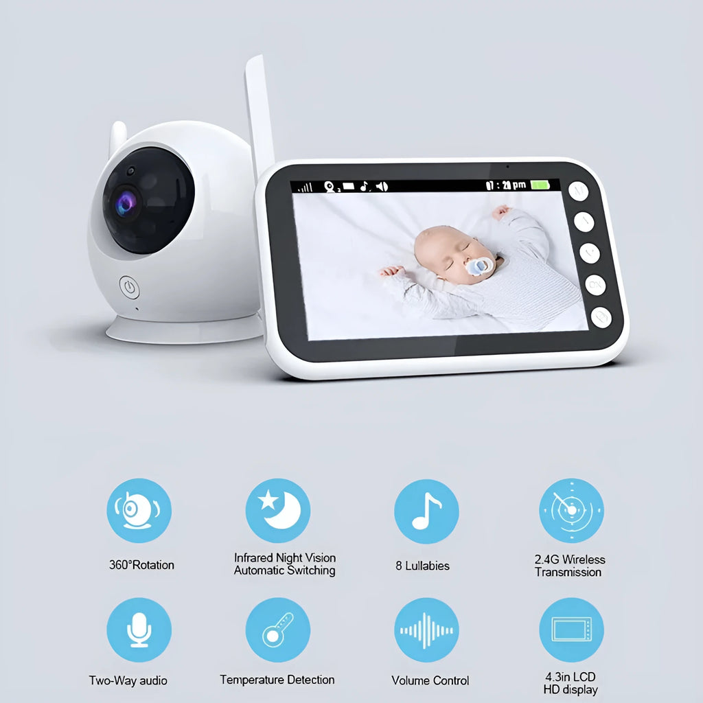 43 inch baby monitor with 4.3 inch LCD screen showing a baby in a cot