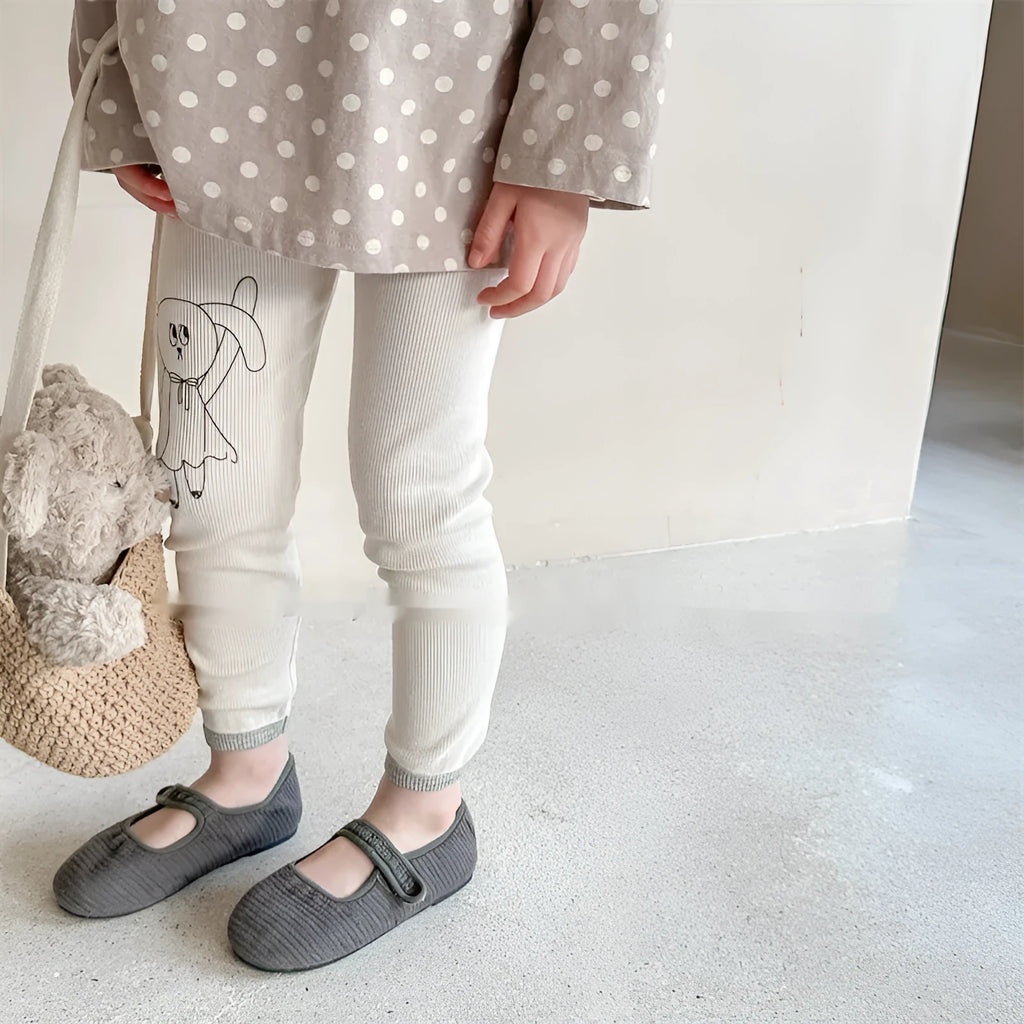 Girls' cotton rabbit print cropped leggings in beige and mixed gray, sizes 80-130cm, spring autumn wear