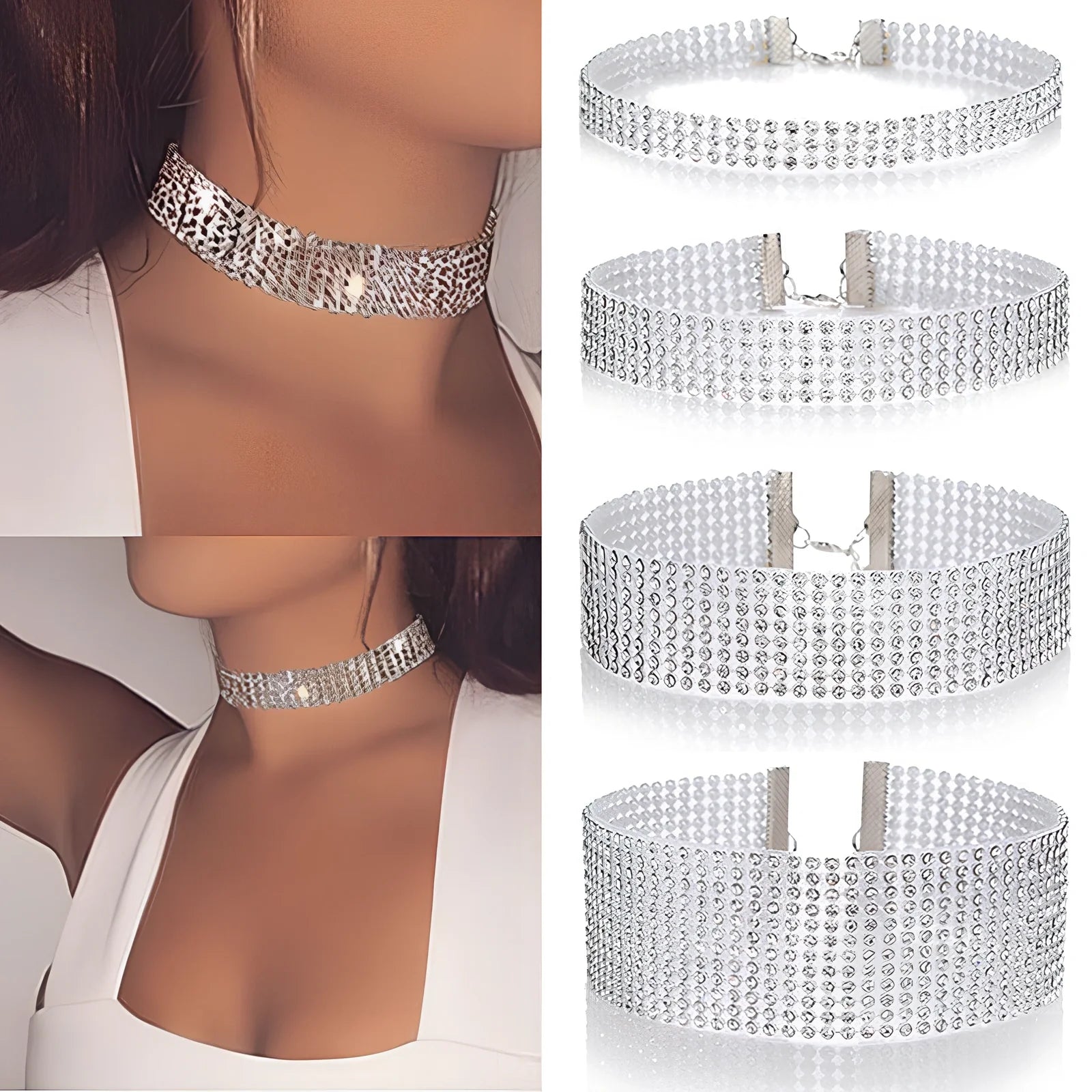 Women's full crystal rhinestone choker necklace, 29cm length with 10cm extension, multicolor or white options in 1-2.5cm widths