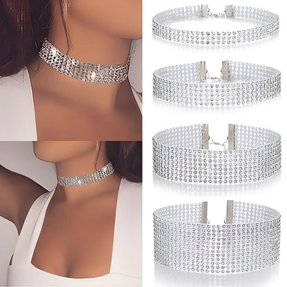 Women's full crystal rhinestone choker necklace, 29cm length with 10cm extension, multicolor or white options in 1-2.5cm widths