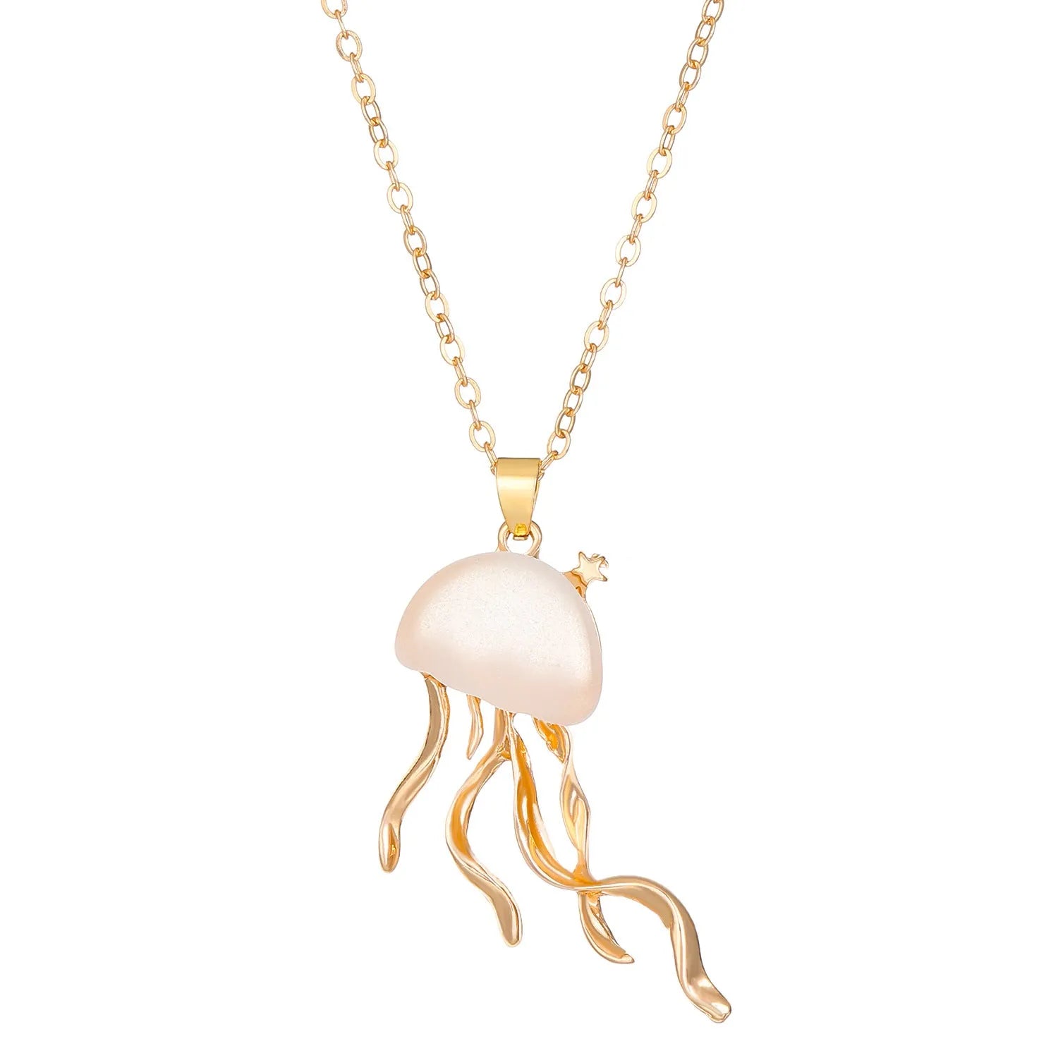 Alloy jellyfish tassel necklace and earring set in electroplated white finish on display